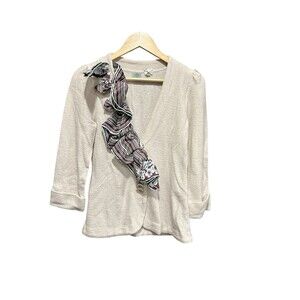 Anthropologies HWR Monogram Wool Cardigan Tan W/ Scarf Womens Size Small
